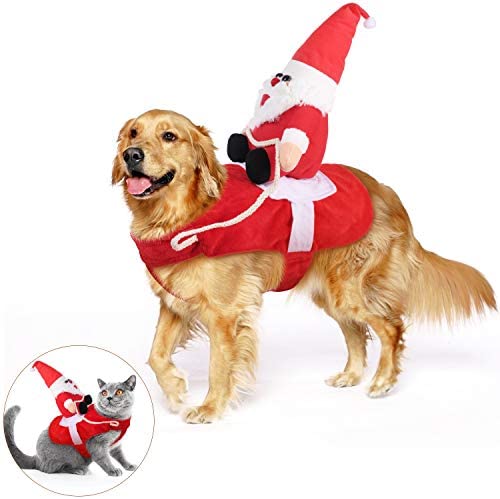 KATELUO Gato de Perro Ropa Navidad, Disfraz de Navidad para Mascotas, Disfraz Navidad con Papá Noel Montado en Mascota Gato Perro Rojo (XL) - Por el perro