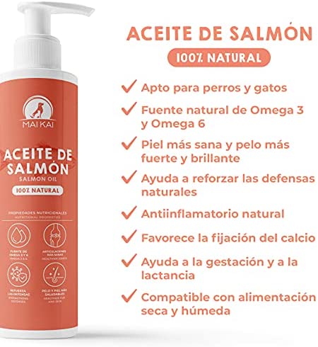 MAIKAI Aceite de salmón para Perros y Gatos - (250ml) - Natural 100% con  ácidos grasos Omega 3 y Omega 6 - Antiinflamatorio Natural - Salud de los  Huesos, Piel y Pelo 